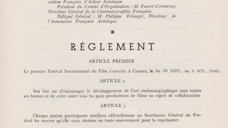 Extraits du Règlement du Festival International du Film de Cannes 1946 © FDC