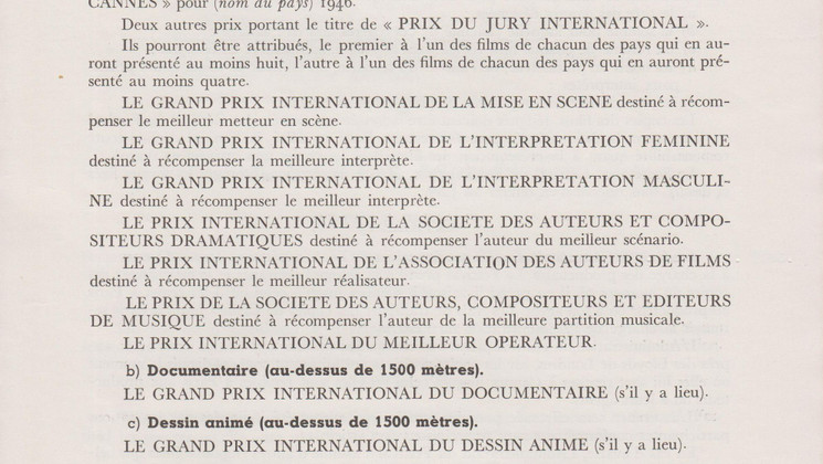 Extraits du Règlement du Festival International du Film de Cannes 1946 © FDC