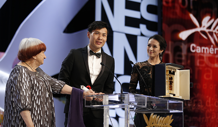Agnès Varda, Anthony Chen and Zhang Ziyi © AFP