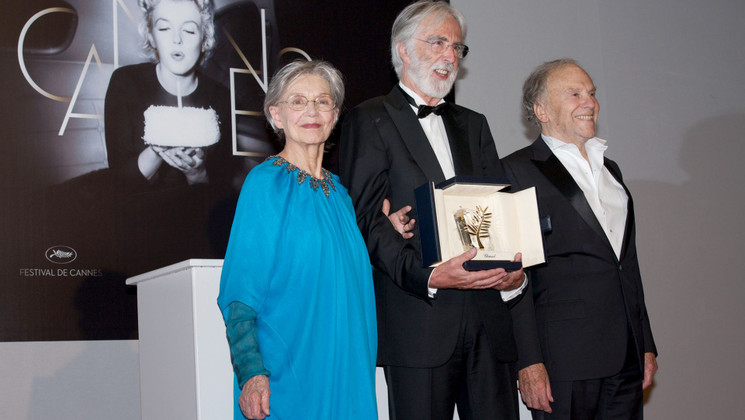 Emmanuelle Riva, Michael Haneke et Jean-Louis Trintignant - Photocall - Palme d'or © FIF / CB 