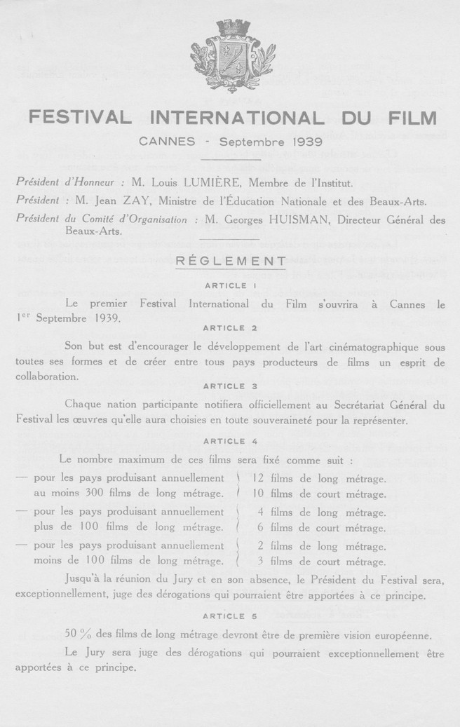 Extrait du réglement du Festival International du Film de Cannes, 1939 © FDC