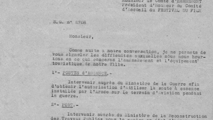 Lettre du Comité de Coordination du Festival du Film au Comte D’Hebermont, Directeur du Comité d’accueil, dans laquelle sont détaillées les mesures à prendre pour la bonne marche du Festival © FDC