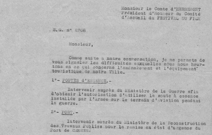 Lettre du Comité de Coordination du Festival du Film au Comte D’Hebermont, Directeur du Comité d’accueil, dans laquelle sont détaillées les mesures à prendre pour la bonne marche du Festival © FDC