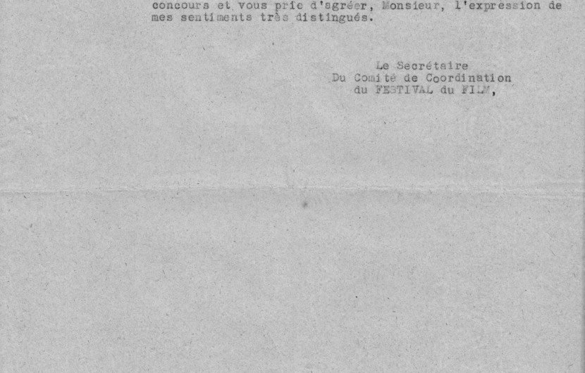 Lettre du Comité de Coordination du Festival du Film au Comte D’Hebermont, Directeur du Comité d’accueil, dans laquelle sont détaillées les mesures à prendre pour la bonne marche du Festival © FDC