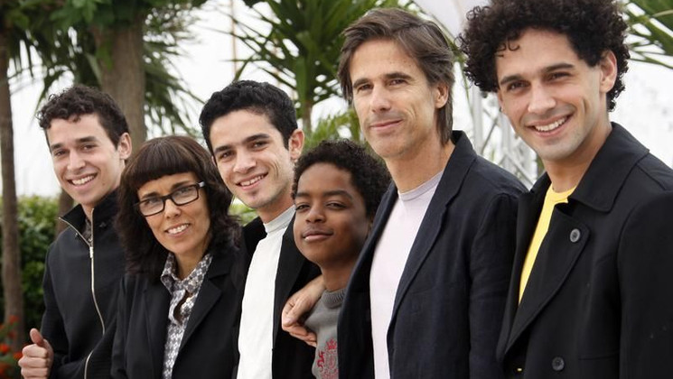 Joao Baldasserini, Daniela Thomas, Vinicius de Oliveira, Kaique de Jesus Santos, Walter et Jose Geraldo Rodrigues, Photocall du film Linha de Passe © AFP