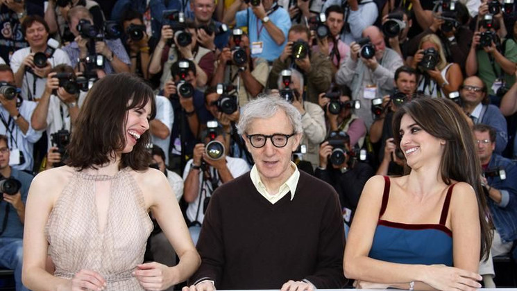 Rebecca Hall, Woody Allen et Penelope Cruz, Photocall du film Vicky Cristina Barcelona © AFP