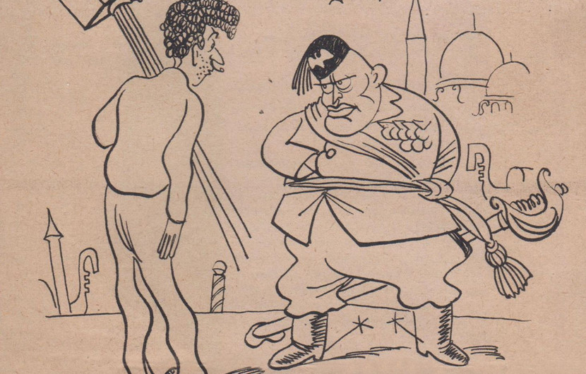 Caricature représentant un Mussolini revendiquant le territoire Cannois pour l’Italie, comme il revendique à l’époque Nice, la Corse et la Tunisie comme territoires Italiens. Dessin réalisé par Chancel paru dans Cinémonde, 23 août 1939 © DR