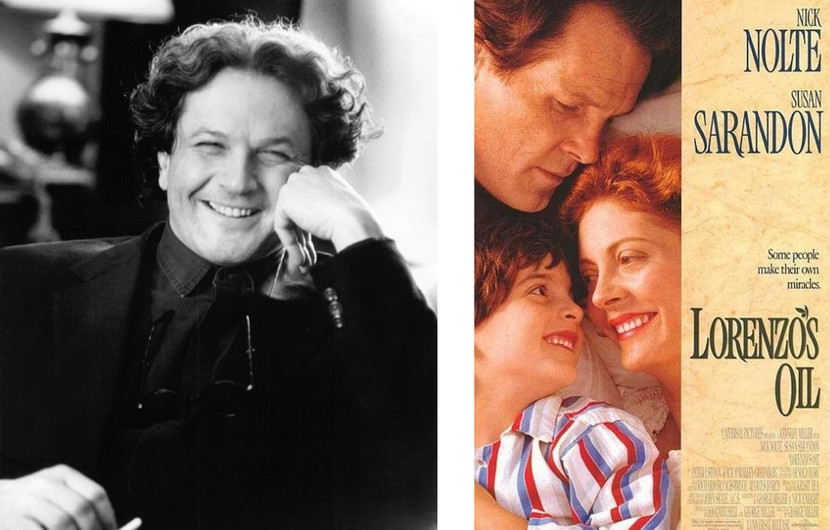 George Miller en 1992 et affiche de Lorenzo (Lorenzo's Oil) © Photo by Universal Pictures