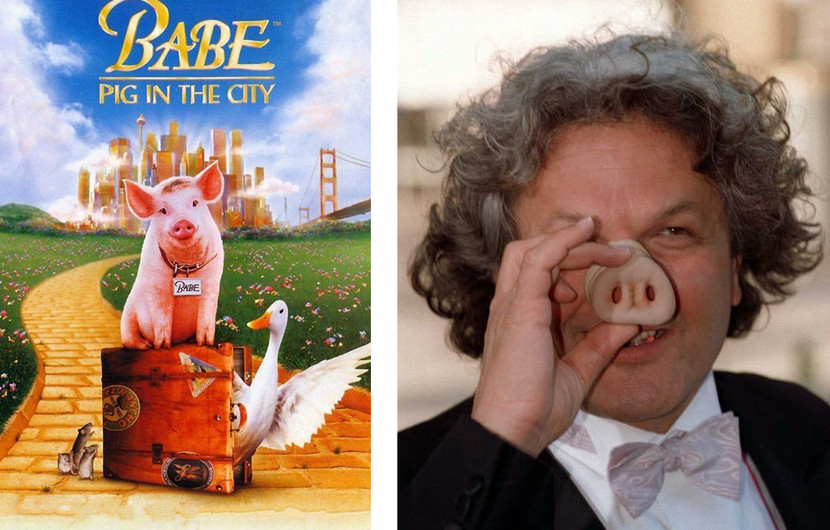 Affiche de Babe 2, le cochon dans la ville (Babe: Pig in the City) de George Miller en 1998 et George Miller aux 68e Academy Awards de Los Angeles en 1996 (comme producteur du 1er Babe)  © Kim Kulish / AFP (photo)