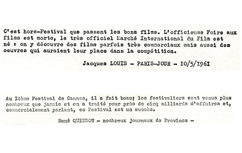 Extraits d’articles de presse évoquant l’essor du Marché International du Film, mai 1961