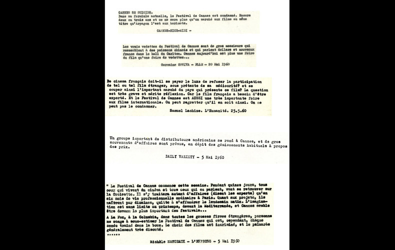 Extraits d’articles de presse évoquant de façon plus ou moins critique l’essor du Marché aux films, mai 1960