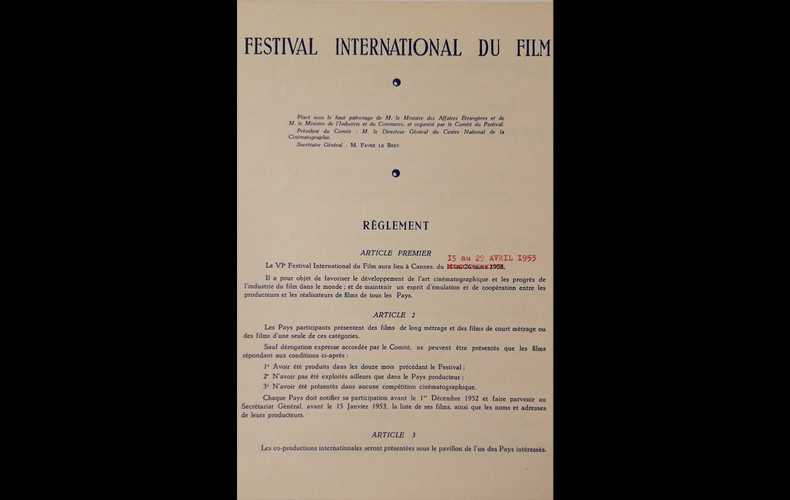 Article premier du Règlement du Festival International du Film, 1953